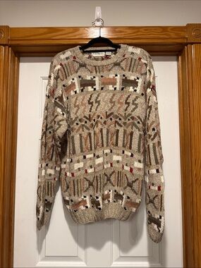 Barry Bricken Neutral Beige Pattern Crewneck Silk Cotton Sweater Mens Large